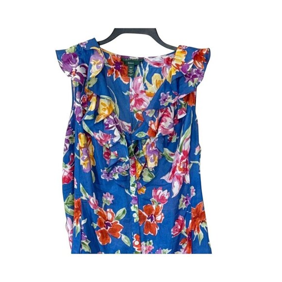 Lauren Ralph Lauren Women's Silk Ruffle Collar Floral Button Front Dress Blue 14 - Picture 4 of 8